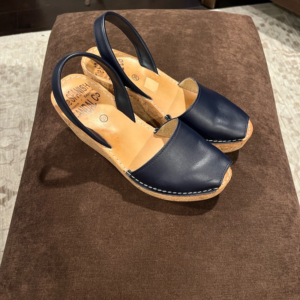 The Spanish Sandal Co. Women’s Leather Cork Wedges Size 39 Navy - Picture 7 of 14